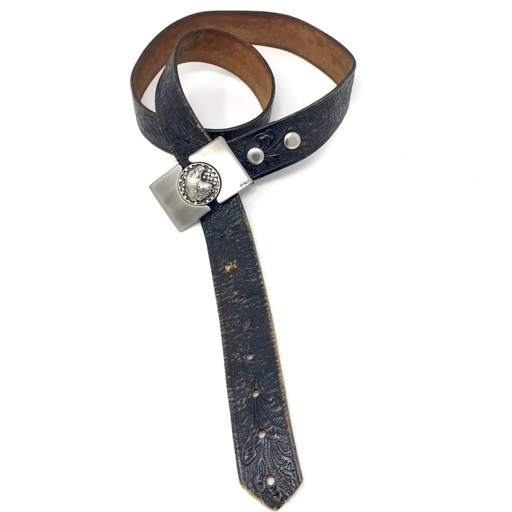 Eagle Italy Metal Buckle vintage leather tooled Belt 44